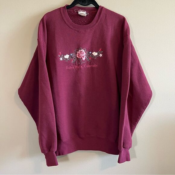 ✨Jerzees Maroon Estes Park Colorado Floral Embroidered Crewneck Sweatshirt Large - Picture 1 of 10